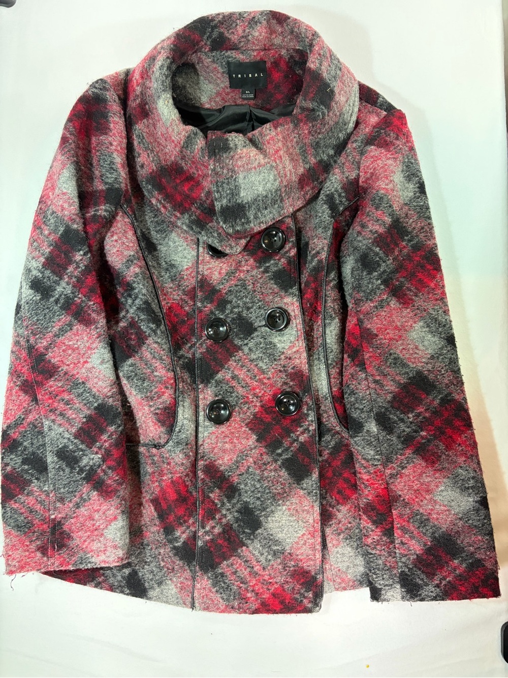 56% WOOL Tribal Red & Gray Plaid Double-Breasted Peacoat with Funnel Collar